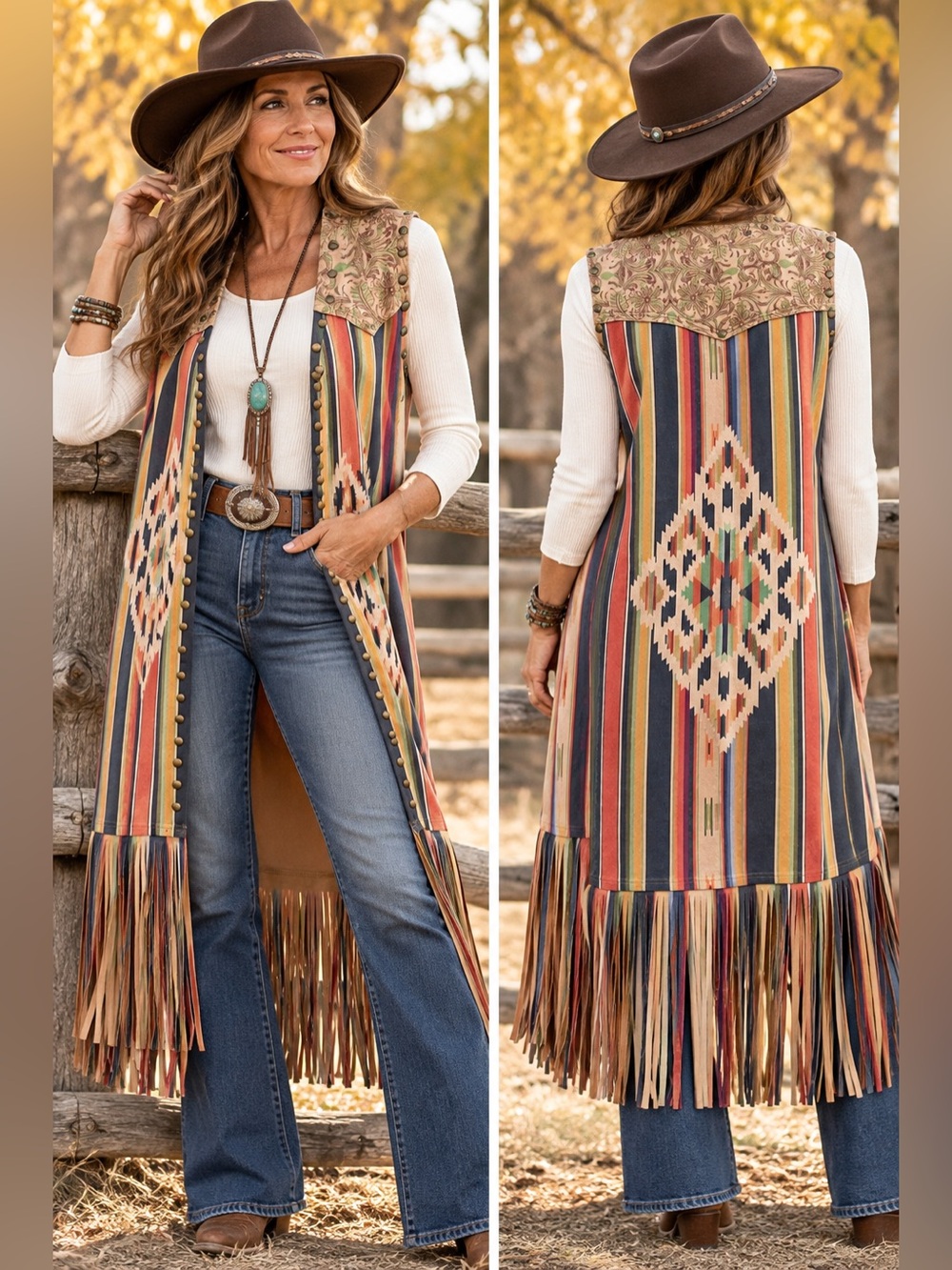 Scully Western Southwestern Serape Fringe Long Vest Duster S